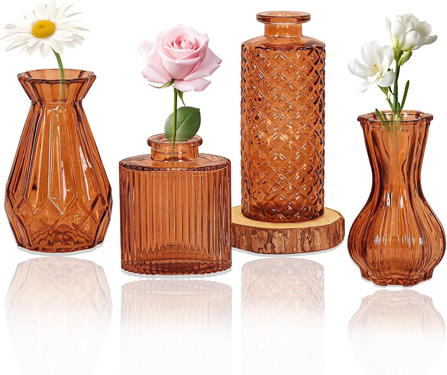 Set of 4 Glass Bud Vase Set, Small Vintage Clear Flower Vase Centerpieces for Table Bulk Cute Rustic Style Mini Vase for Home Decor Wedding Baby Shower Birthday Party(Amber) | Amazon (US)