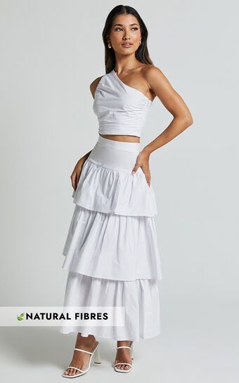 Kaycie Two Piece Set - One Shoulder Asymmetrical Ruched Top and Tiered Midi Skirt Set in White | Showpo (US, UK & Europe)