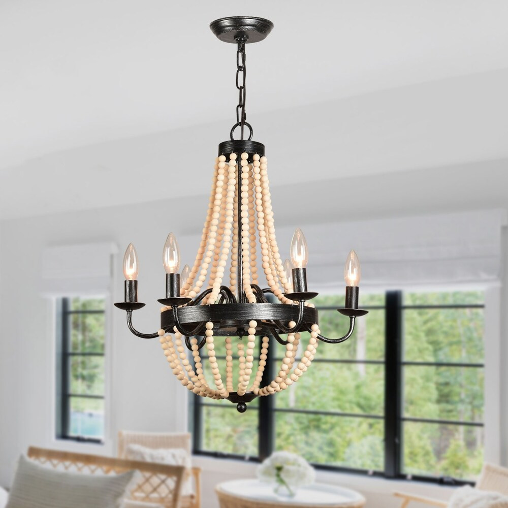 Modern Rustic 6-Light Wood Beaded Chandelier (Rustic) | Bed Bath & Beyond