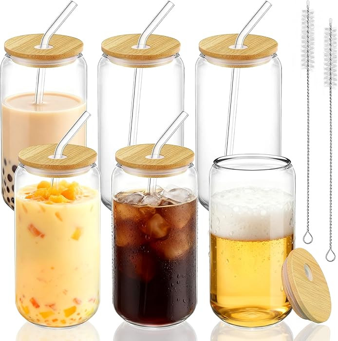 16oz Glass Cups with Bamboo Lids and Glass Straws, Set of 6 Iced Coffee Glasses for Smoothies, Te... | Amazon (US)