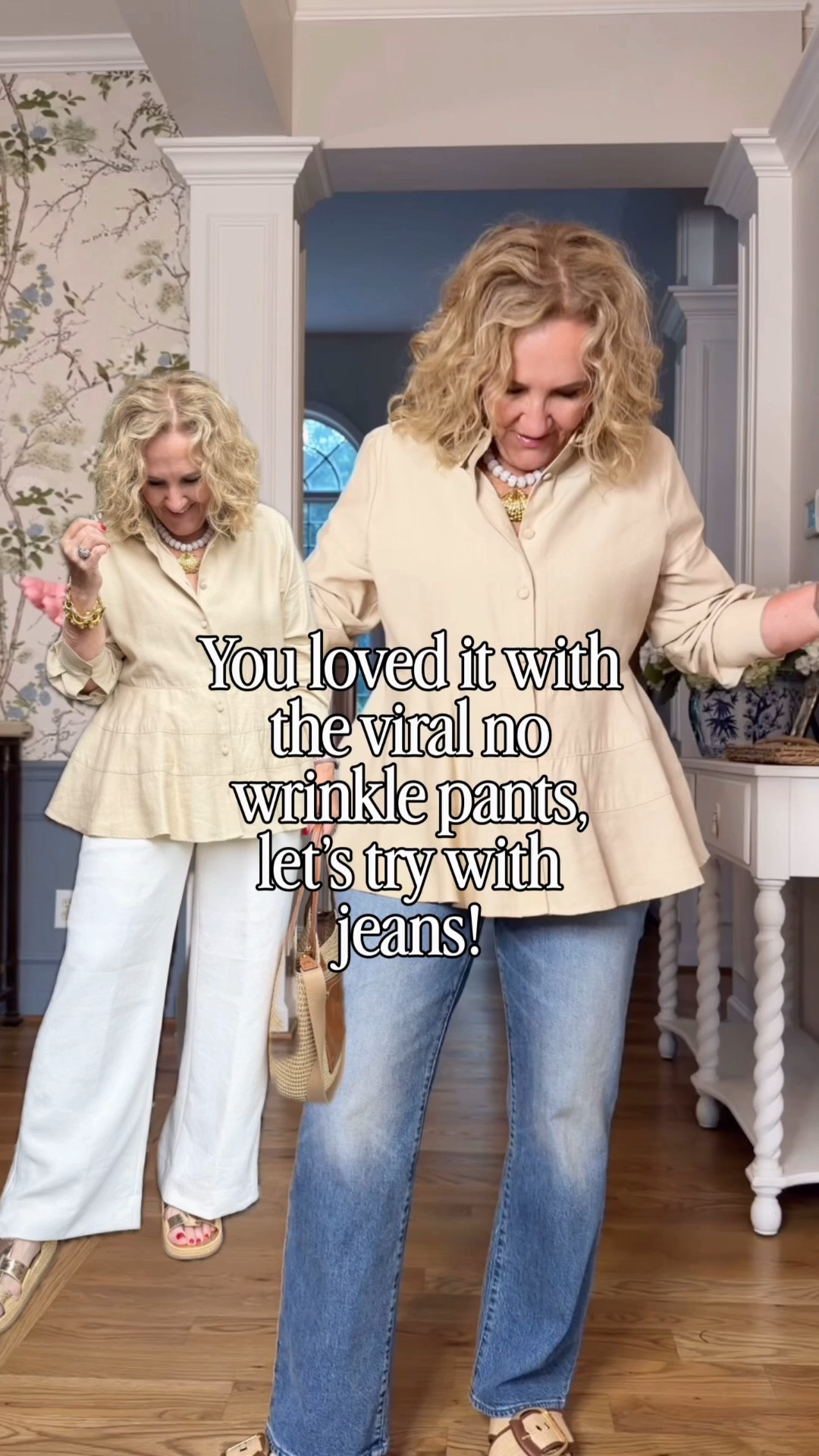 This top has been a top seller. Comes in 3 colors. Styled casually. Size medium. 
Jeans are the mother high it ankle but bought the regular so they are full length. I did size up to a 30
The cream pants are the viral no wrinkle pants. It makes such an elegant outfit.

#LTKOver40 #LTKootd #LTKMidsize #LTKPetite