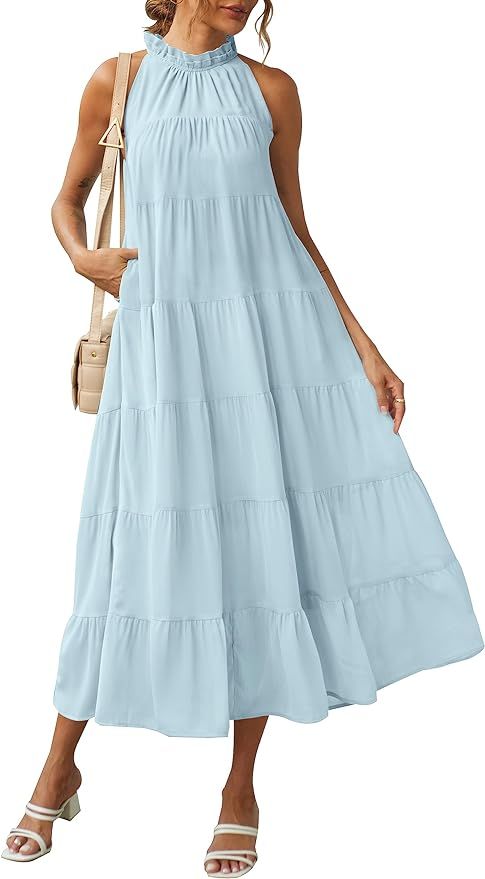 HAEOF Women's 2024 Summer Maxi Dress Casual Floral Tiered Flowy Long Sundress Halter Sleeveless B... | Amazon (US)