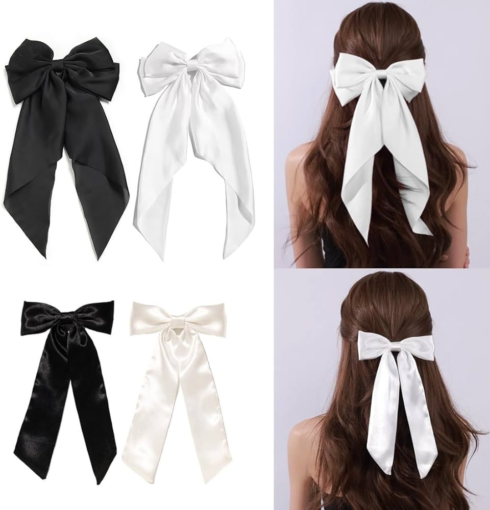 Black Hair Bow White Hair Bows for Women Big Bow Barrette Hair Clips Hair Ribbon Bow Clip 4pcs | Amazon (US)