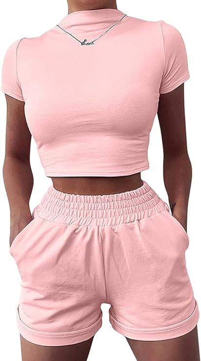 YMDUCH Women's Casual Summer 2 Piece Short Sleeve T-Shirt Shorts With Pockets Sets | Amazon (US)