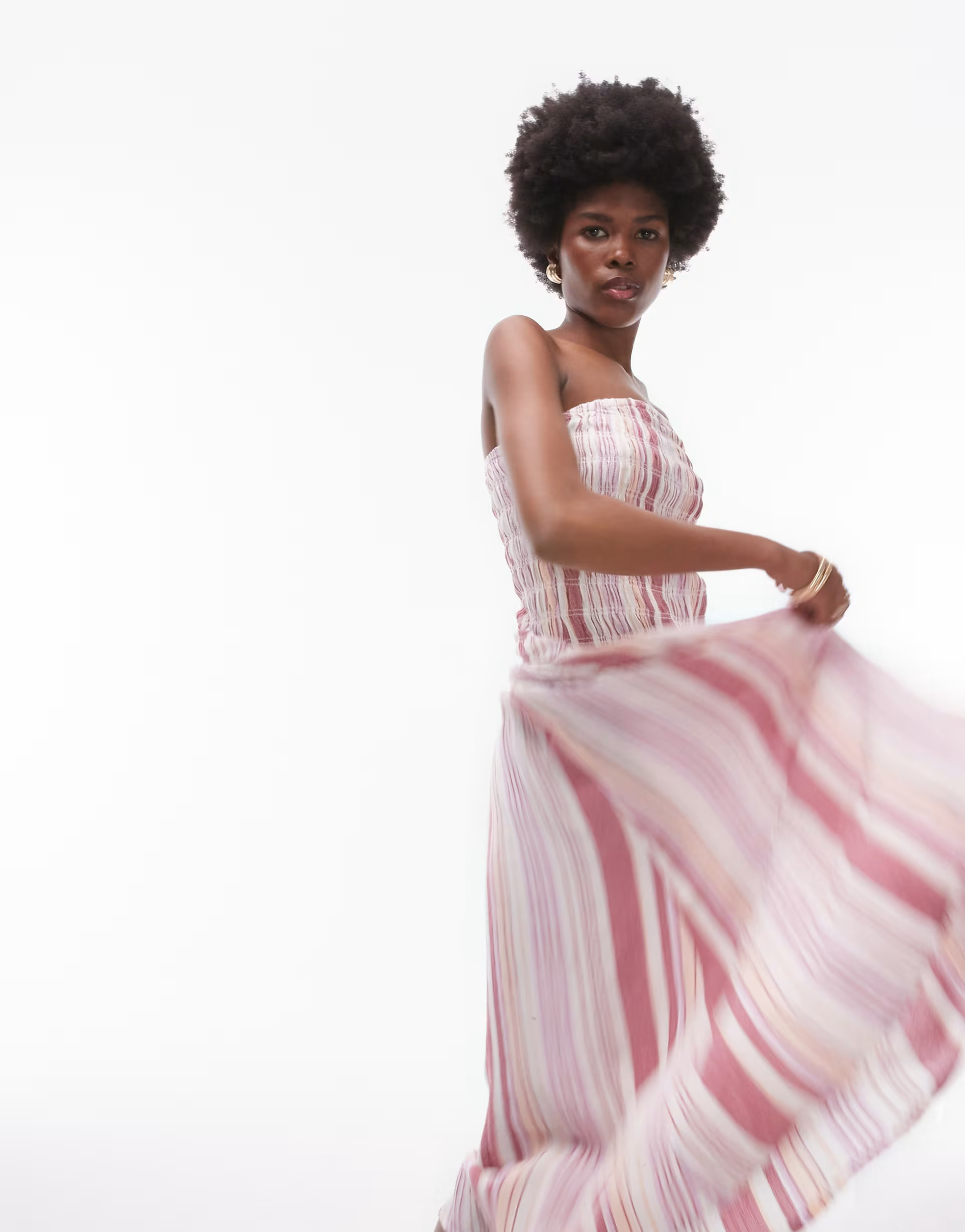 Topshop shirred bandeau midi dress in pink stripe | ASOS (Global)