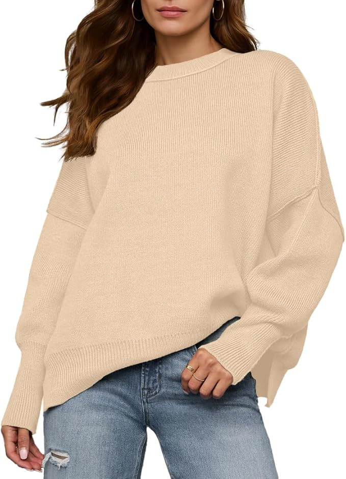 Womens Crewneck Batwing Long Sleeve Sweaters Fall 2025 Oversized Side Slit Ribbed Knit Sweaters P... | Amazon (US)