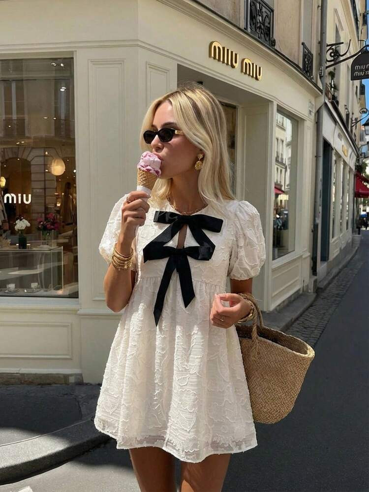 Women's Bow‑Front Mini Dress – Textured Puff Sleeve Babydoll Summer Dress Women's Casual Colorblock Bow Tie Short Dress, Summer,Spring,Valentine's Day,Party,Wedding,Ceremony,Elegant ,Vacation,Casual, Formal, White Bow Dress Dress With Bows Casual White Dress Preppy Dress French Style Dress Puff Sleeves Dresses | SHEIN