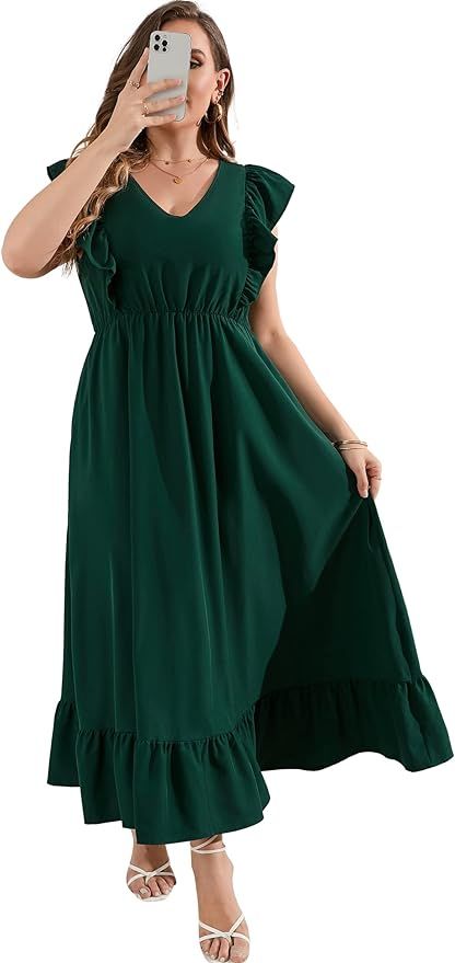 KOJOOIN Women's Plus Size Summer Dress with Pocket Ruffle Cap Sleeveless V Neck Side Split Long B... | Amazon (US)