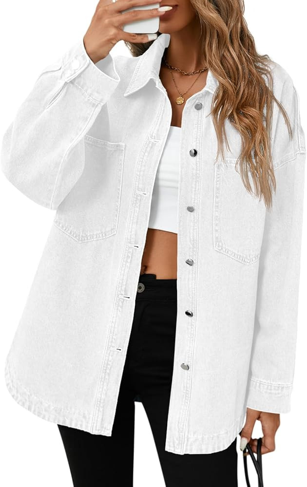 Tankaneo Womens Oversized Denim Shirt Jacket Button Down Long Sleeve Fall Casual Jean Shackets | Amazon (US)