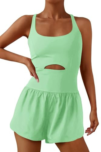 ReachMe Womens Workout Athletic Romper Running Onesie Workout One Piece Jumpsuits Gym Outfit with Pockets(Neon Lime,M) | Amazon (US)
