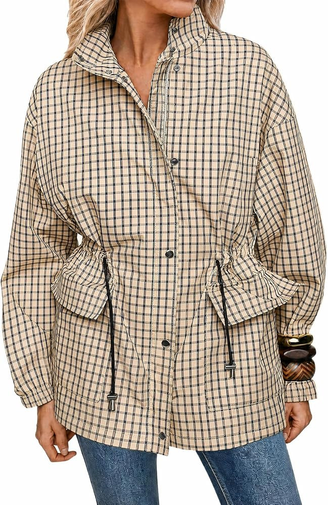 Tankaneo Womens Plaid Zip Up Jackets Casual Fall Windproof Trench Coats | Amazon (US)