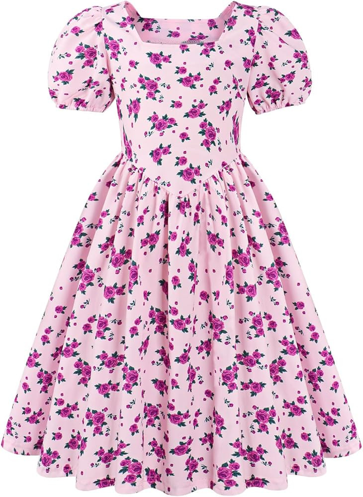 Girls Puff Sleeve Floral Print Dresses Girl Long Midi Spring Dress Kids Smocked Flare Summer Dres... | Amazon (US)