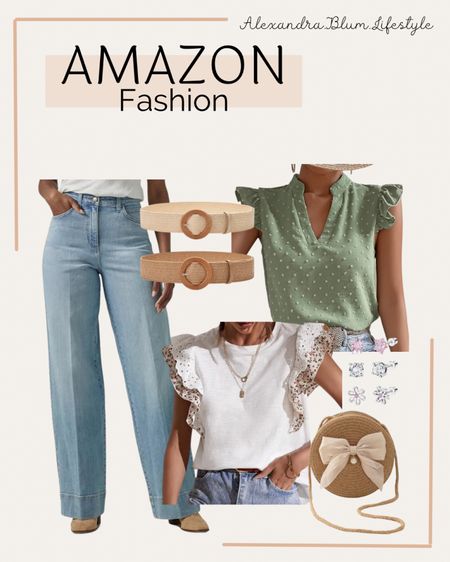 Cute tank tops for the spring and summer outfits! Wide leg flare jeans, straw crossbody clutch!  Amazon finds! Amazon fashion! Amazon outfit! 

#LTKfindsunder50 #LTKfindsunder100 #LTKstyletip