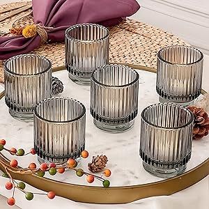 Smoke Gray Vintage Ribbed Glass Tealight Votive Candle Holders by Kate Aspen (Set of 6), Fall Dec... | Amazon (US)