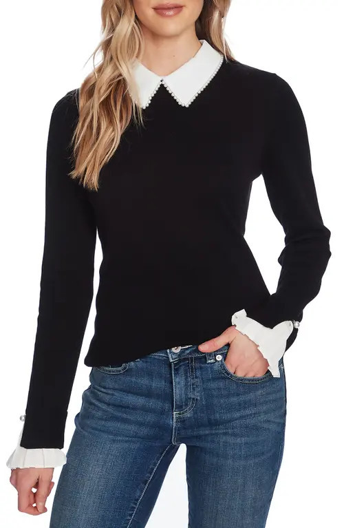 CeCe Imitation Pearl Peter Pan Collar Cotton Sweater in Rich Black at Nordstrom, Size Xx-Large | Nordstrom