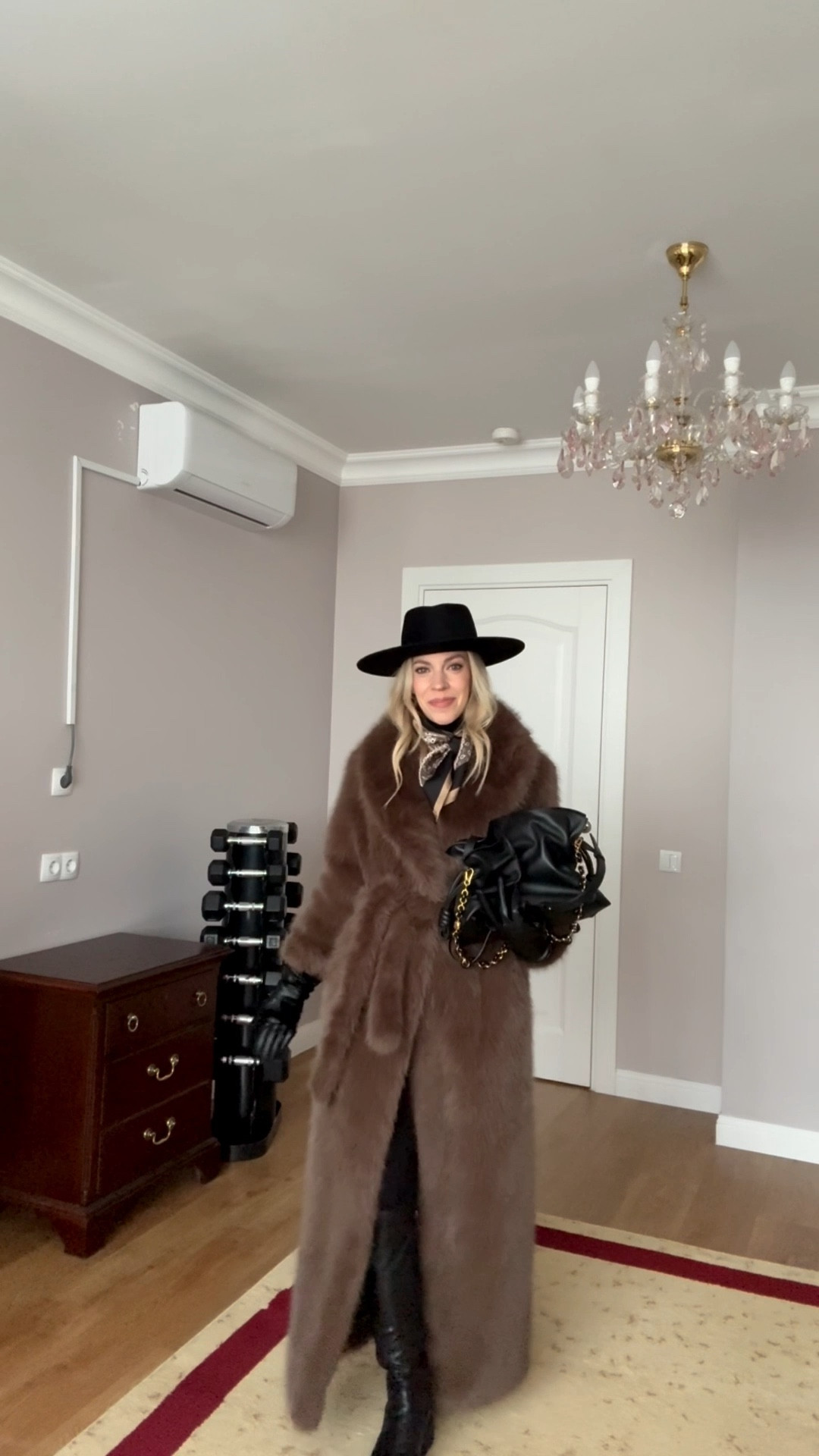 Look of the day, brown fur coat, @Janessa Leone black wool fedora hat, Max Mara silk scarf, @Spanx stirrup leggings, lug sole boots, Loewe Flamenco pouch handbag

#LTKOver40 #LTKootd #LTKSaleAlert