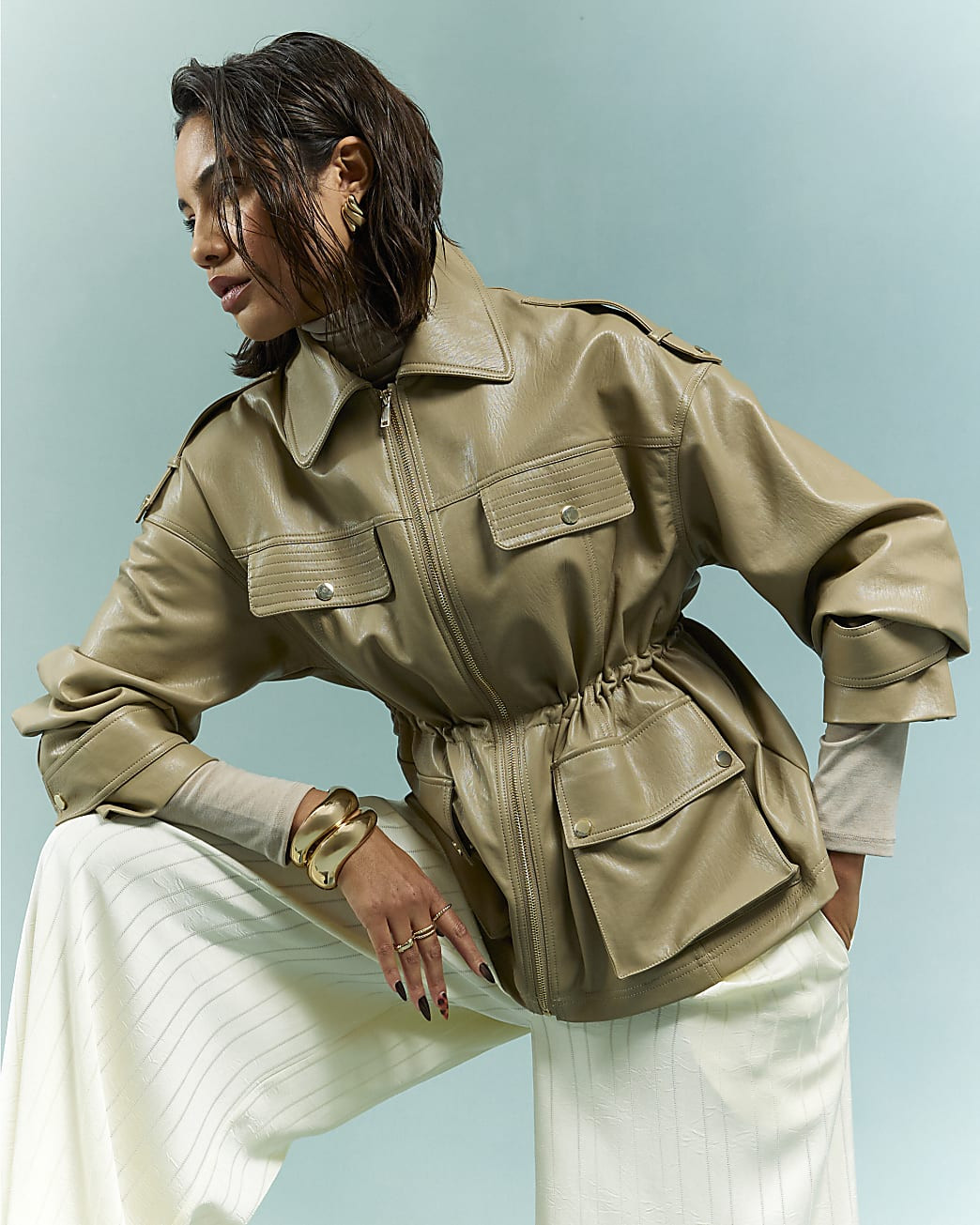 Beige Utility Cinched Waist Jacket | River Island UK & IE