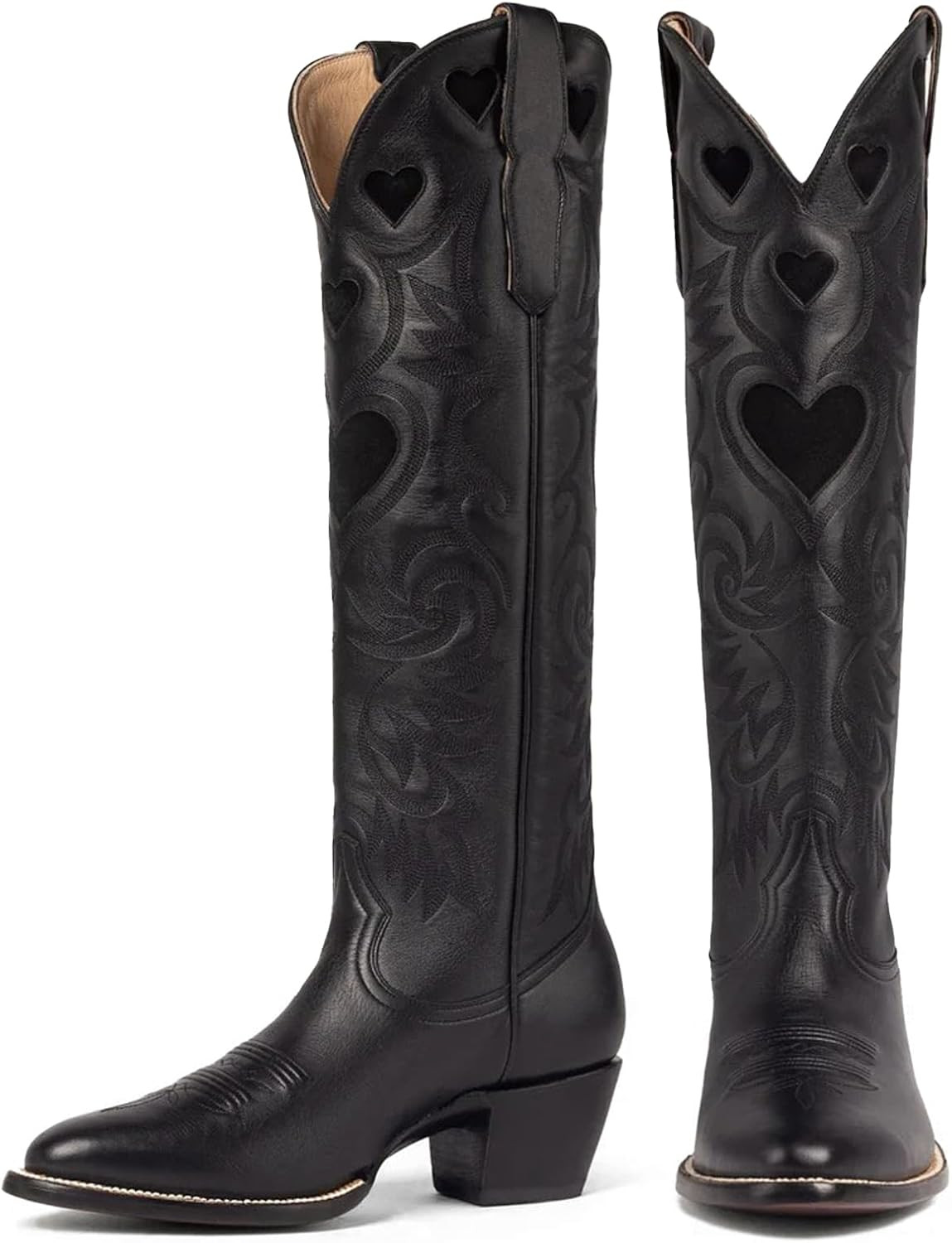 Knee High Boots for Women Heart Embroidered Western Boots Round Toe | Amazon (US)