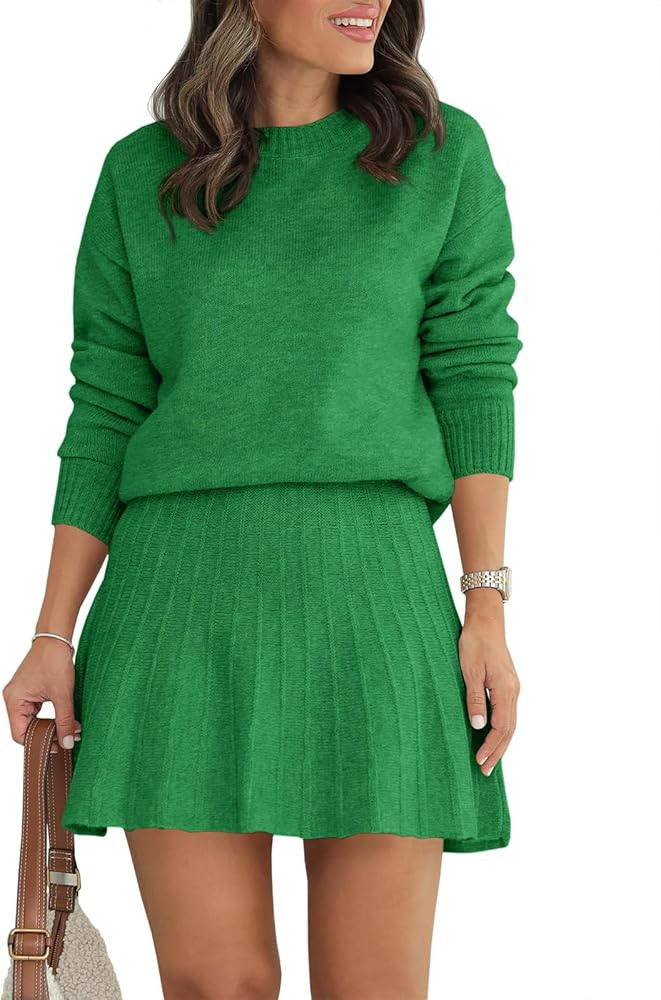 Tankaneo Womens Skirt 2 Piece Sweater Set Long Sleeve Crewneck Sweaters Pleated Mini Skirt Knit L... | Amazon (US)
