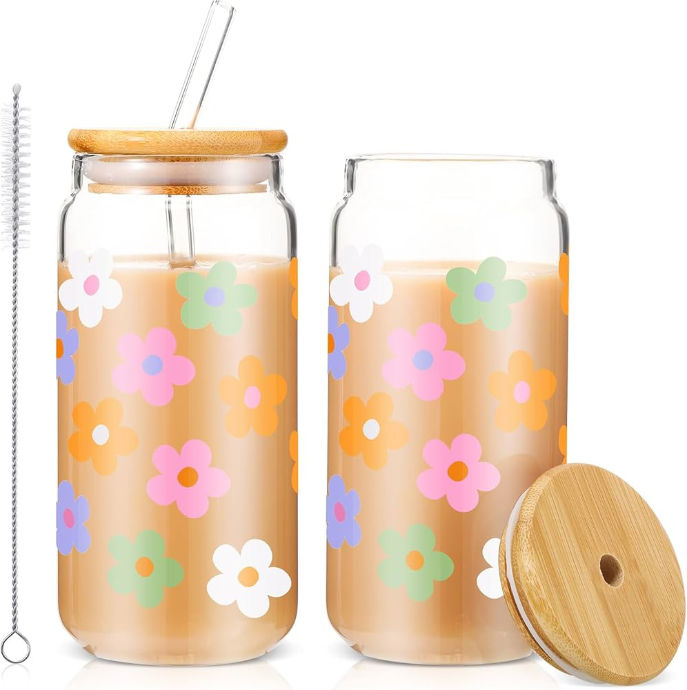 Cunhill 2 Sets 16 oz Drinking Glasses with Bamboo Lids and Straws Iced Coffee Cups Can Shaped Gla... | Amazon (US)