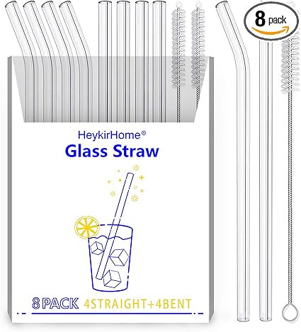 HeykirHome 8-Pack Reusable Glass Straw,Size 8.5''x10 MM,Including 4 Straight and 4 Bent with 2 Cl... | Amazon (US)