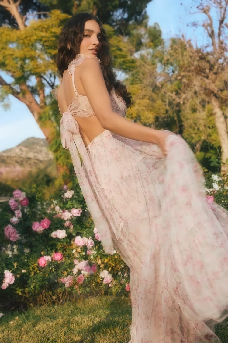 Ethereal Love Blush Floral Pleated Tiered Tie-Back Maxi Dress | Lulus