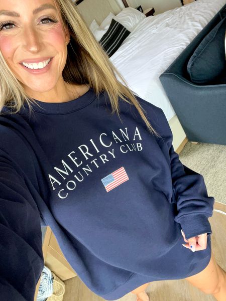 SARAHLIT to save! Wearing lg (sized up to make it oversized) Americana country club sweatshirt 4th of July Memorial Day outfit 

#LTKSeasonal