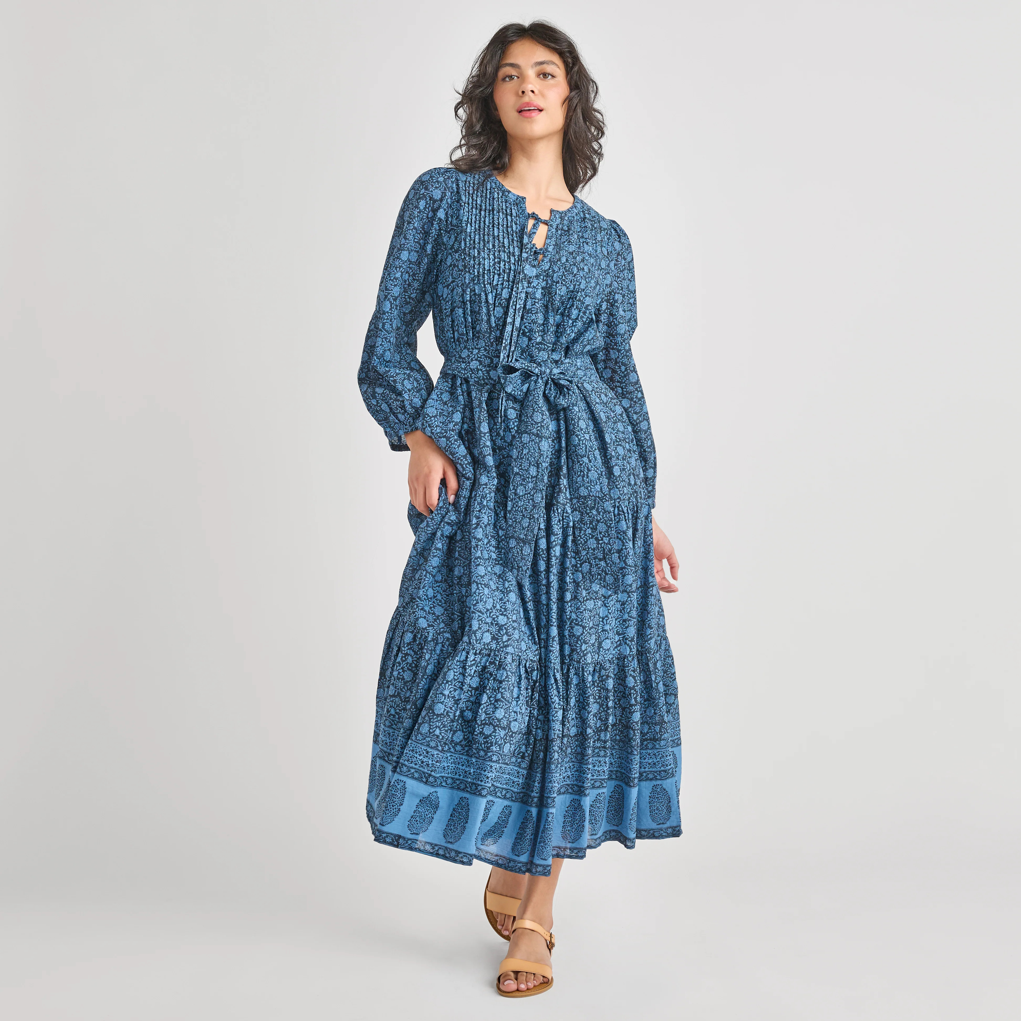 Womens Pintuck Indira Dress | Stellar Blue Garden Floral | Marigold Modern Kids