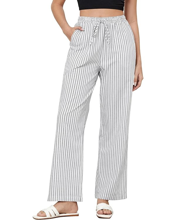 GRAPENT Striped Pants for Women High Waisted Wide Leg Cotton Linen Trendy Beach Pull On Elastic W... | Amazon (US)