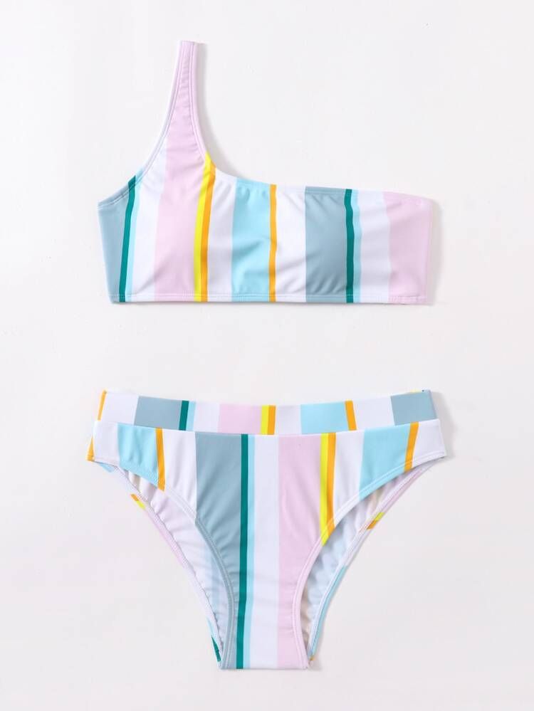 Striped Print One Shoulder Bikini Swimsuit | SHEIN