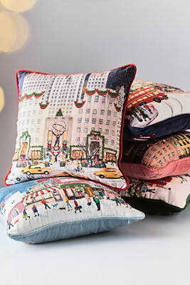 Holiday In The City Printed Cotton Pillow | Anthropologie (US)