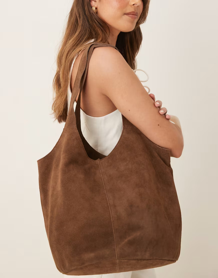 ASOS DESIGN suede slouch tote bag in light chocolate-Brown | ASOS (Global)