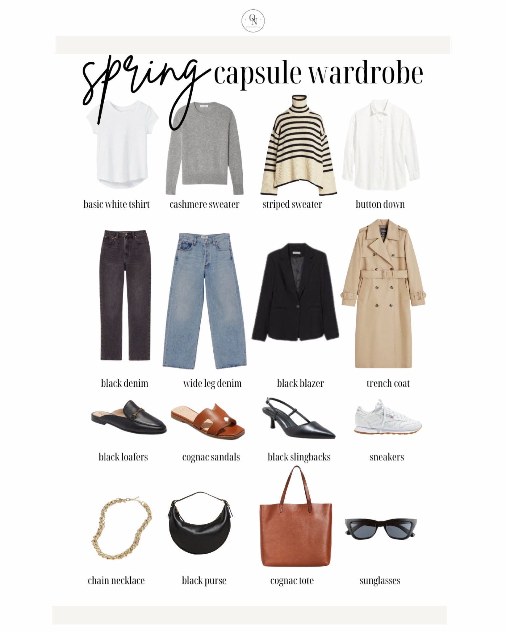 The Spring Capsule Wardorbe is here! 18 pieces to make getting dressed easy, decrease decision fatigue and reduce your mental load this spring. All at a modest price point with all items including trench under $150.

1. Basic white tshirt
2. Cashmere sweater
3. Striped sweater
4. White button down
5. Black denim
6. Cream pants (not shown but linked)
7. Wide leg denim
8. Black blazer
9. Trench coat
10. Black mules
11. Cognac sandals
12. Black sling backs
13. Sneakers
14. Chain necklace
15. Black purse 
16. Black crossbody (not shown)
17. Cognac tote
18. Sunglasses

spring outfits, spring capsule, what to wear for spring, spring outfits for women, travel spring outfits, spring essentials, sprint closet essentials, spring wardrobe essentials


#LTKSpringSale #LTKstyletip #LTKSeasonal