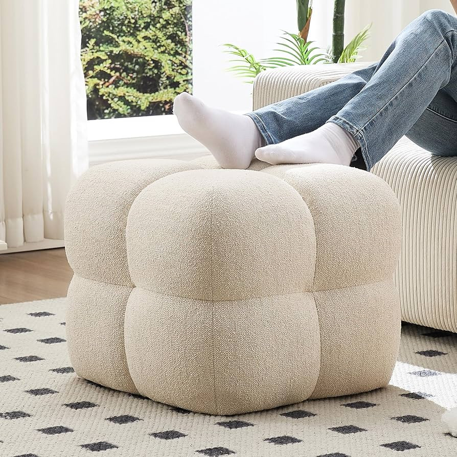 ONEVOG Beige Modern Ottoman, 21" Square Funky Pouf Ottoman, Linen Fabric Upholsered Foot Rest, Sm... | Amazon (US)
