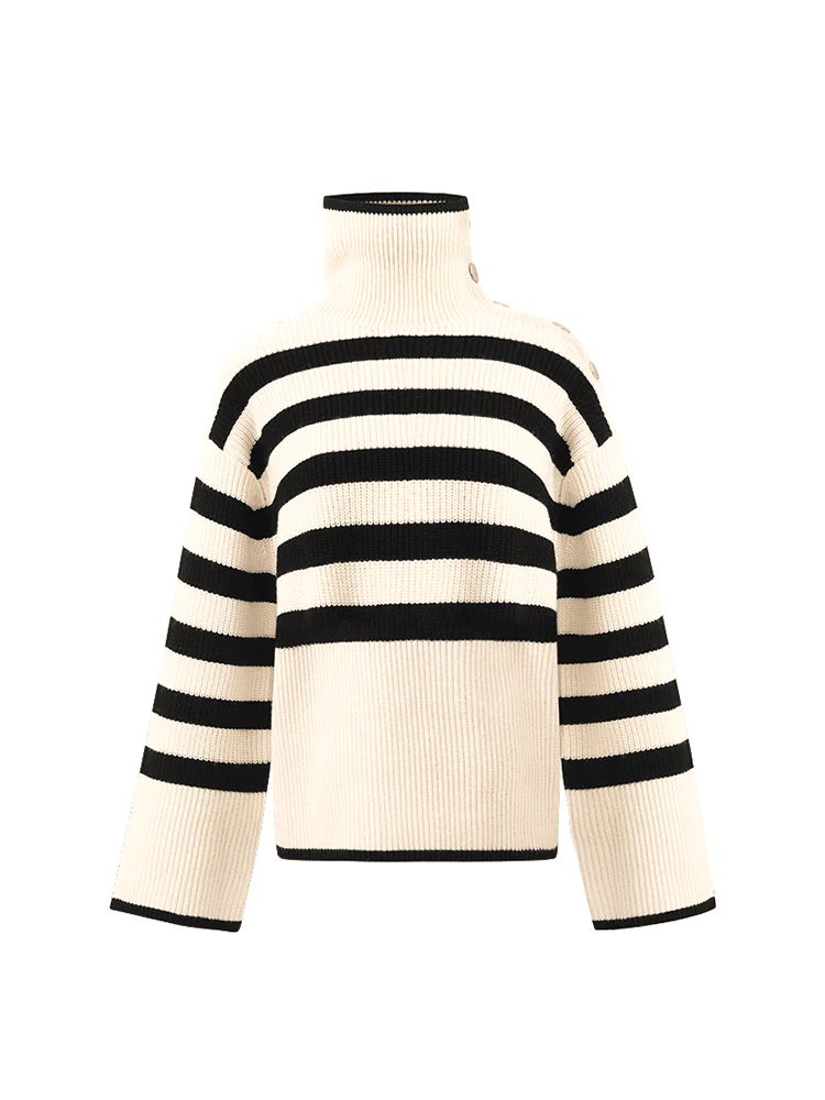 Thermostatic Wool Loose Striped Button-Shoulder Sweater | GOELIA