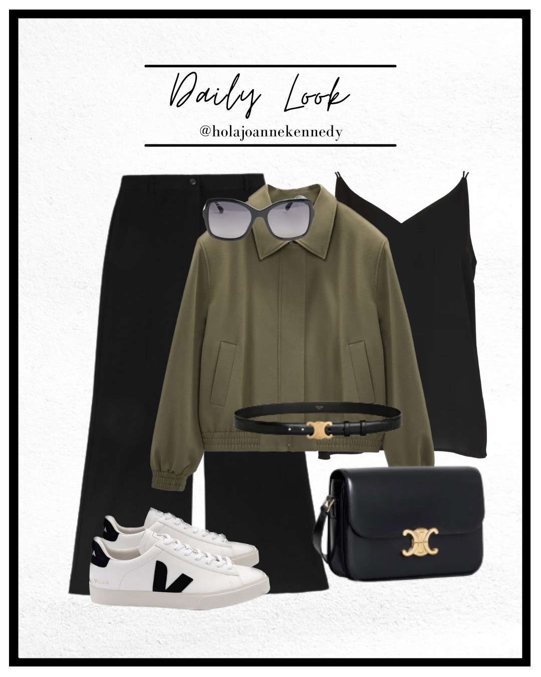 black bootcut trousers outfit, tailored trousers women, chiffon cami top black, khaki bomber jacket outfit, Veja trainers outfit, Celine Triomphe belt, Celine Triomphe bag, Chanel sunglasses outfit, smart casual outfit, everyday chic 

#LTKstyletip #LTKworkwear #LTKspring