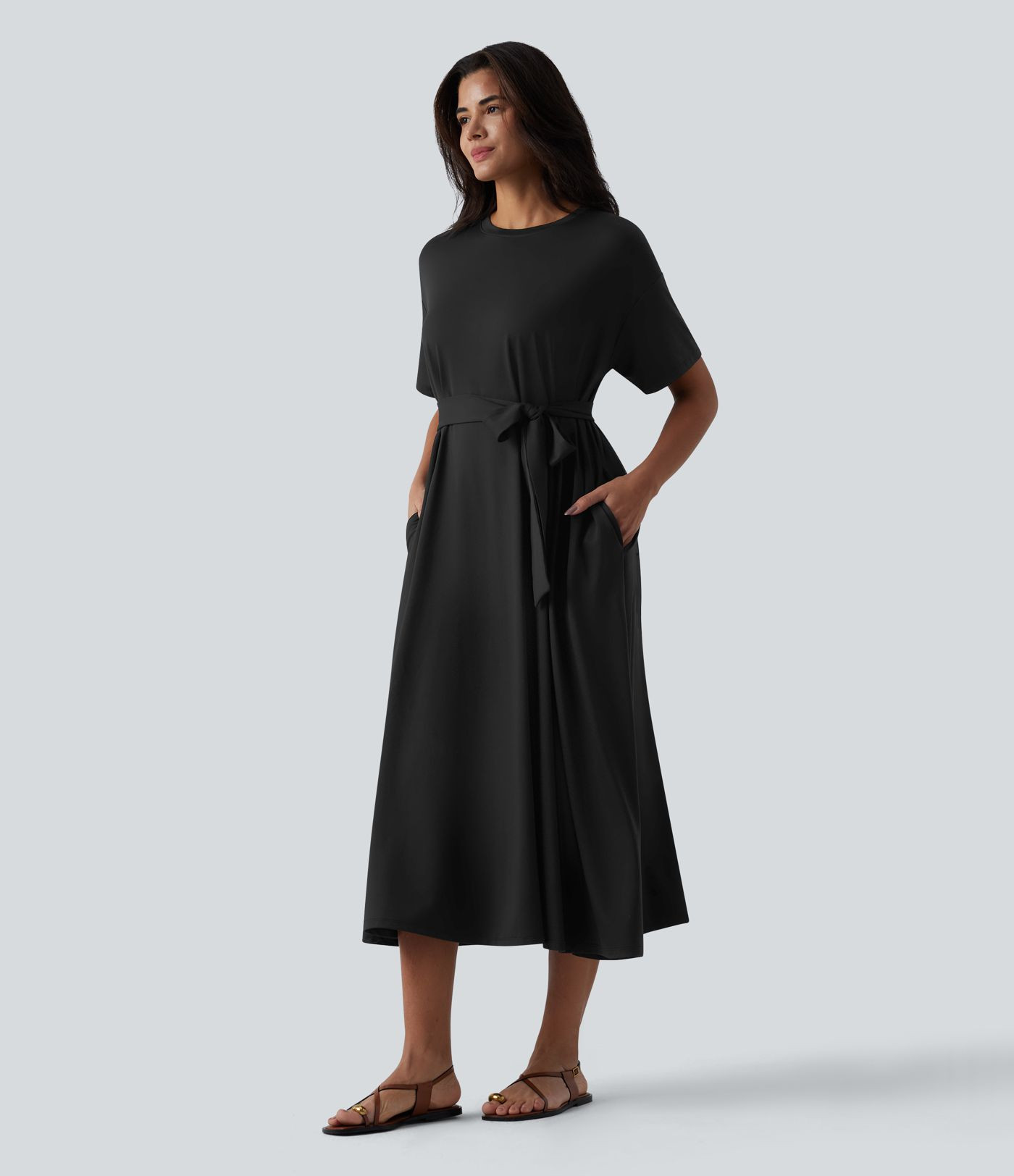 Round Neck Short Sleeve Belted Midi Flowy Casual T-Shirt Dress with Pockets | HALARA