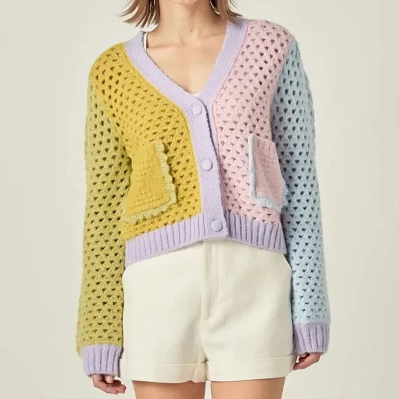 English Factory Contrast Detail Cardigan Medium Whimsical Colorblock Pastel | Poshmark