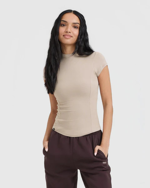 Mellow Rib Mock Neck T-Shirt 
 Mushroom Brown | Oner Active (UK / US)