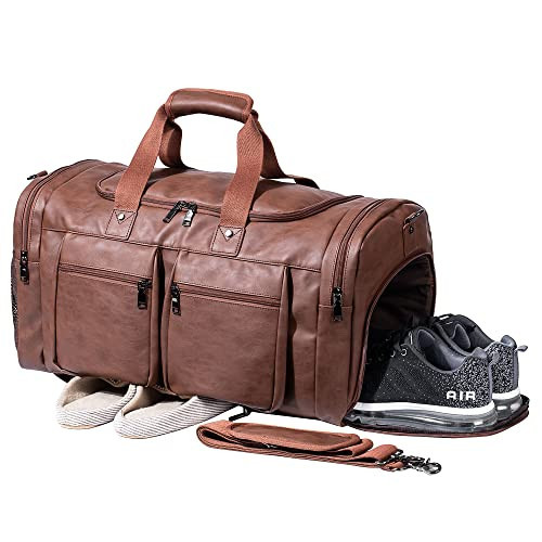 Leather Travel Bag with Shoe Pouch,Weekender Overnight Bag Waterproof Leather Large Carry On Bag Travel Tote Duffel Bag for Men or Women-Brown | Amazon (US)
