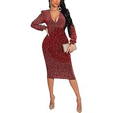 BessCops Women's Sparkly Dresses Long Sleeve Bodycon Sequin Cocktail Midi Dress Evening Party Bal... | Amazon (US)