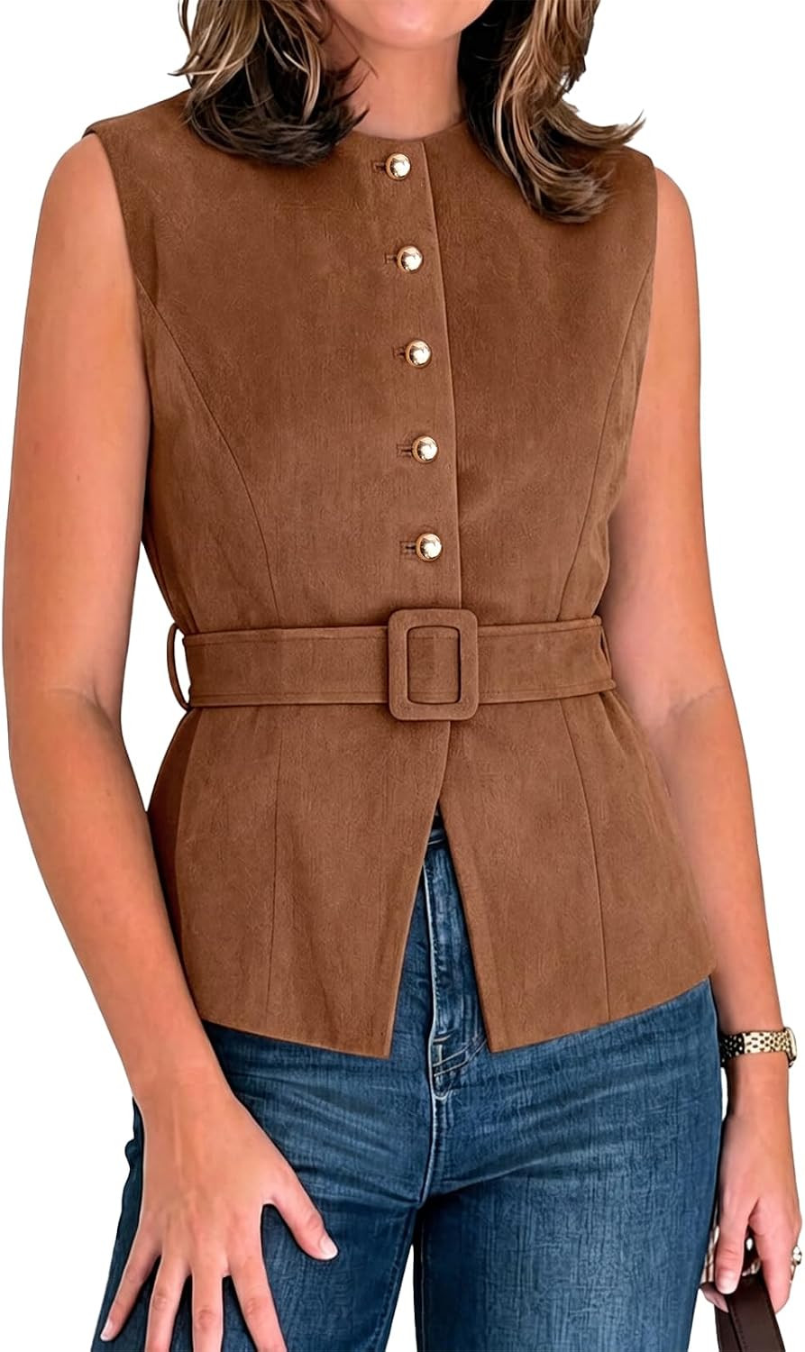 Cicy Bell Women Suede Button Down Vest Crew Neck Fitted Tank Tops With Belt | Amazon (US)