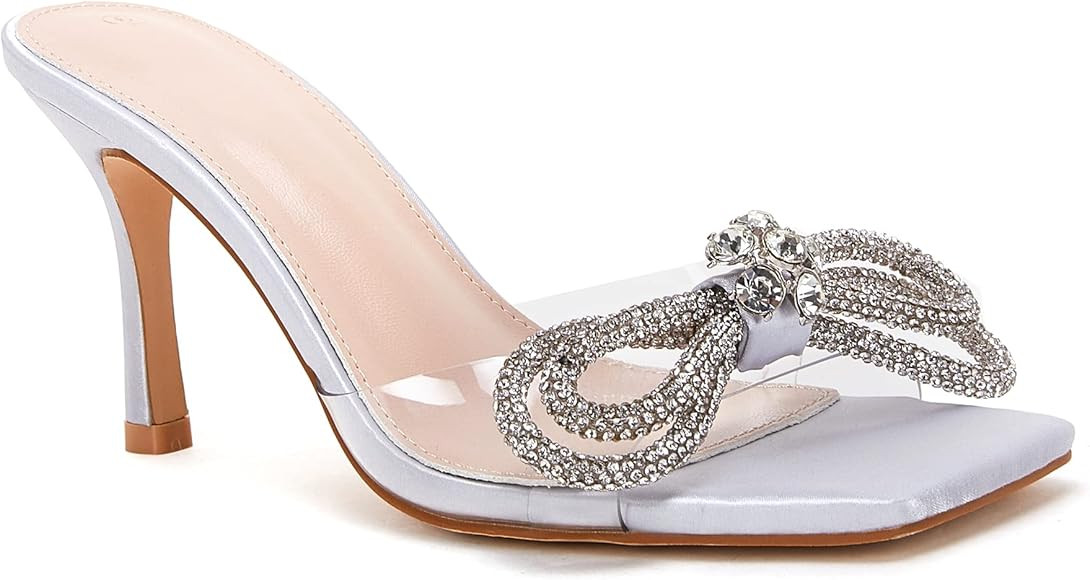 VETASTE Women's Heeled Sandals Square Open Toe Double Bow Satin Mules Heels Wedding Party Slip on... | Amazon (US)