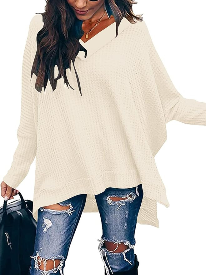 ANRABESS Women Crew Neck Batwing Sleeve High Low Hem Side Slit Waffle Knit Casual Loose Oversized... | Amazon (US)