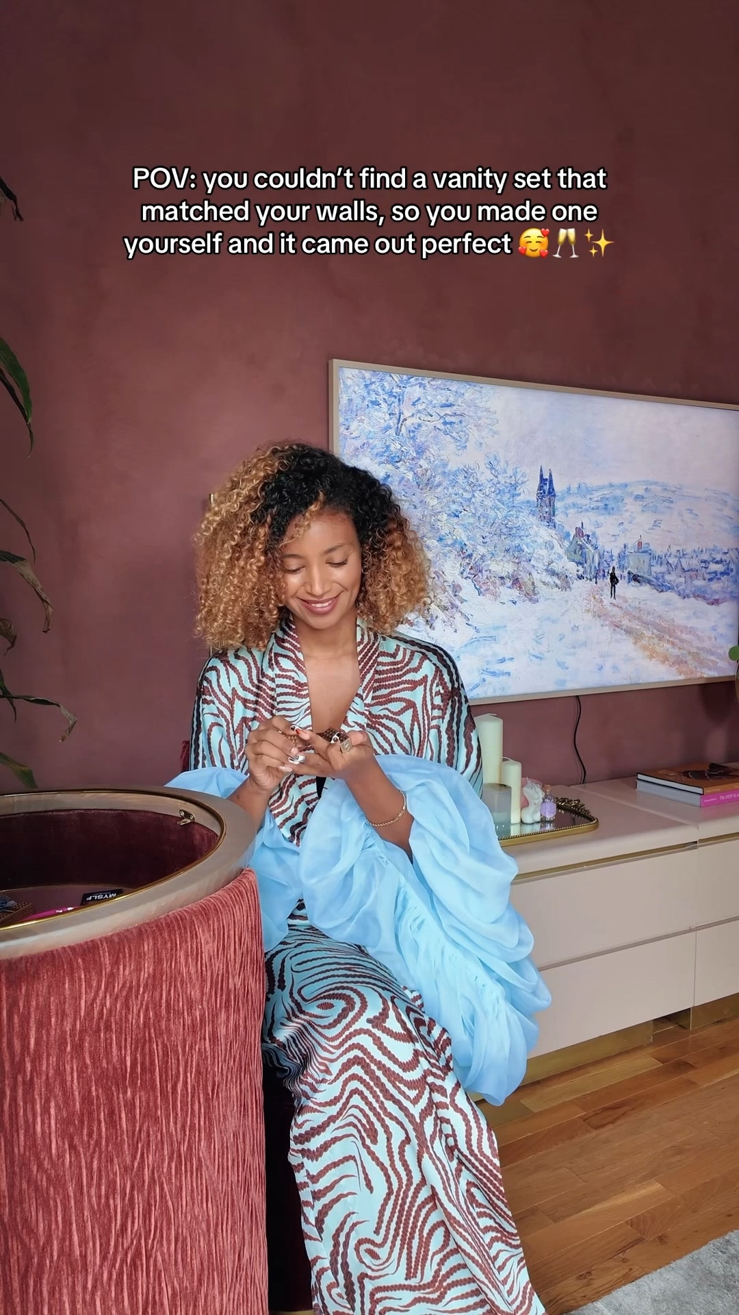 This vanity set is a diy of the Jane vanity on Urban Outfitters! I found the fabric in downtown LA's fashion district and then bought the other materials off Facebook marketplace and Amazon. My mum and i used a tutorial we found on Pinterest to put it together.
What do you think? #DIY
#VanityDesk #MoodyBedroom #RedWineLimewash #GirlHome

#LTKgrwm #LTKBeauty #LTKHome