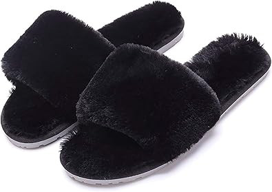 Women's Fuzzy Fluffy Furry Fur Slippers Flip Flop Open Toe Cozy House Memory Foam Sandals Slides ... | Amazon (US)