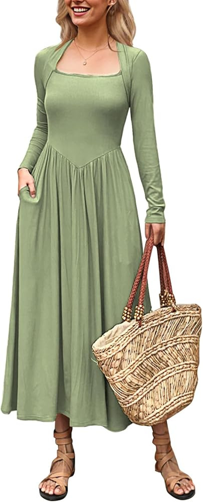 Women's Long Sleeve Maxi Dress 2024 Fall Crewneck Knit Casual Solid Wedding Guest Flowy Long Dres... | Amazon (US)