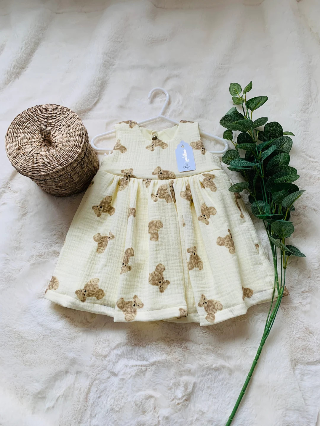 Baby Girl Muslin Dress, Cream Teddy Bear Print, Sleeveless - Etsy Canada | Etsy (Global)