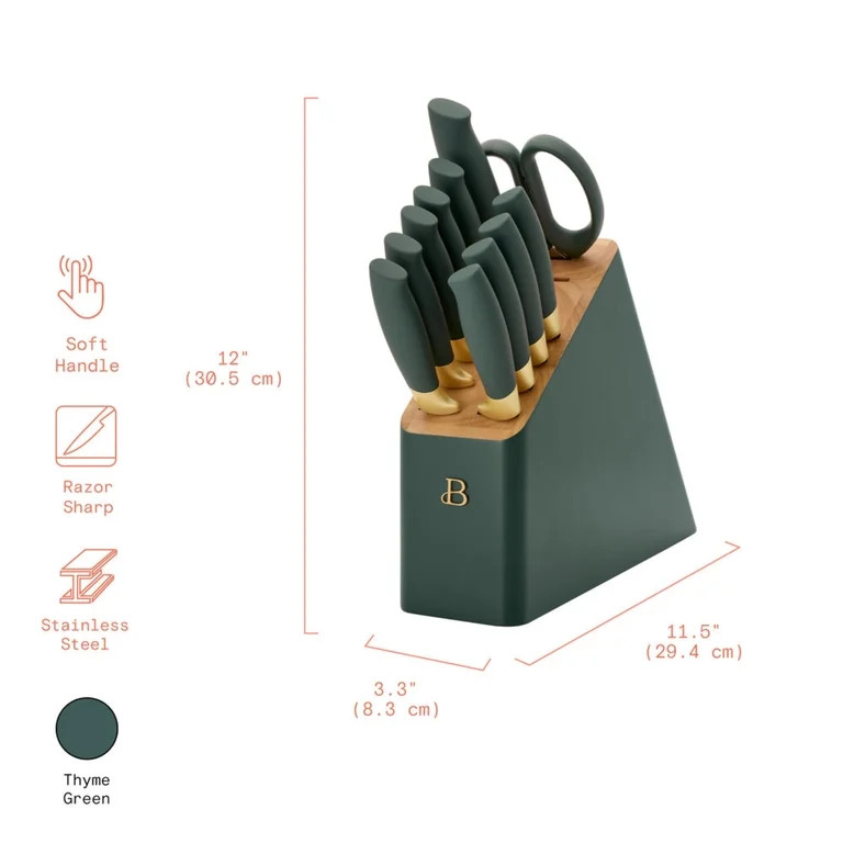 Beautiful 12 Piece Thyme Green and Gold Knife Block Set with Soft-Grip Ergonomic Handles by Drew ... | Walmart (US)
