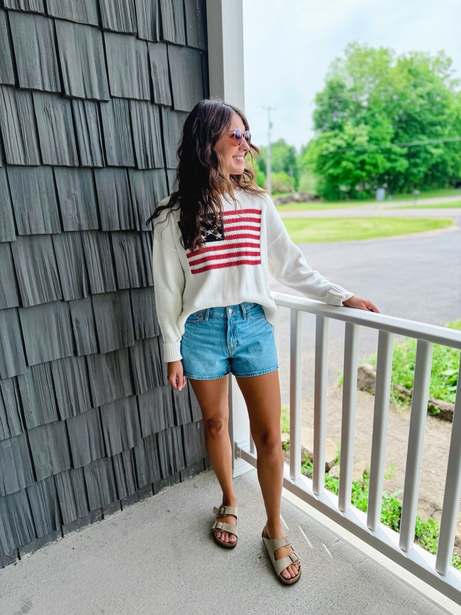 small in this 100% cotton flag sweater (it’s sooo nice! Love the cropped length, which is more like a regular length on me bc I’m petite). My shorts are size 00 (greens blue color). My sandals are size 36.

#LTKPetite #LTKootd #LTKgrwm